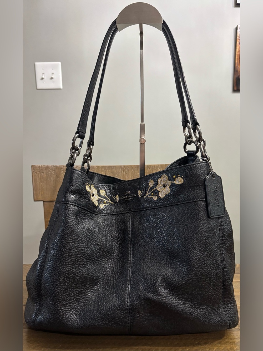 Coach Lexy Shoulder Bag in Black Pebbled Leather with Floral Embroidery